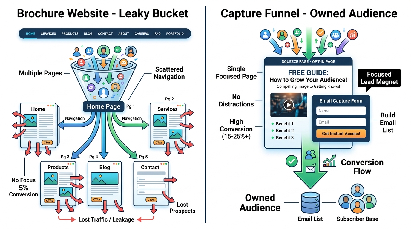 Brochure Website vs Capture Funnel: Why affiliates need to own their audience